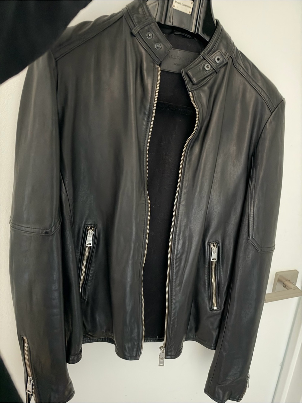 All Saints Men's Black Leather Biker Jacket - Classic Zip Front